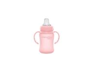 Szklana butelka z ustnikiem niekapkiem i rączkami, 150 ml, różowa, Everyday Baby